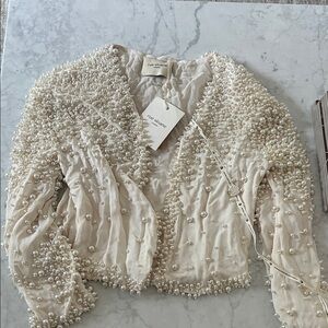 Pearl-Embellished Cream Blazer by One A